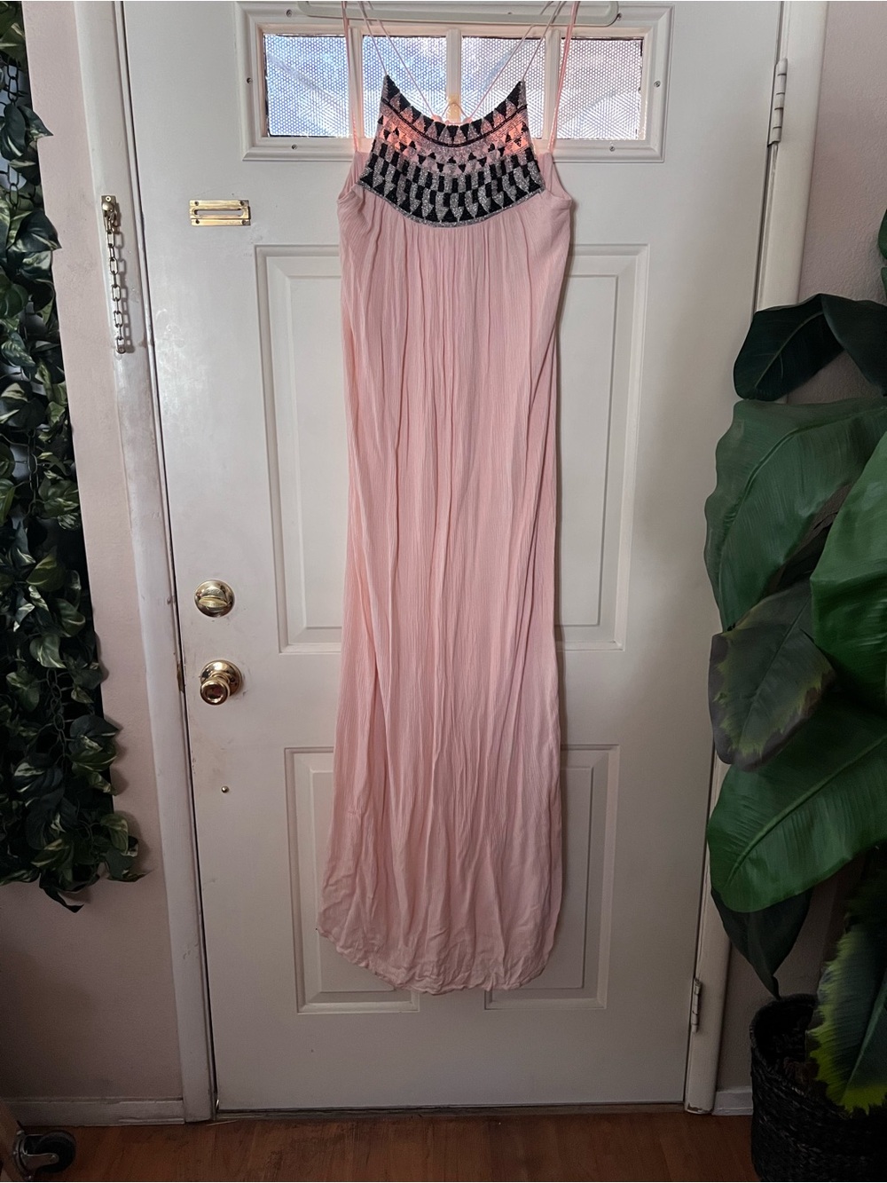 Light Pink Embroidered Yoke Maxi Dress
